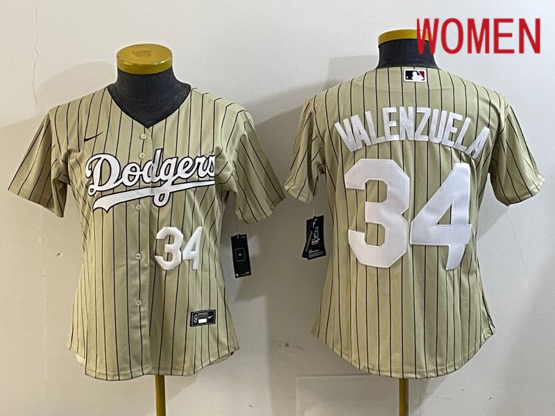 Women Los Angeles Dodgers 34 Valenzuela Green Stripe Game 2024 Nike MLB Jersey style 2